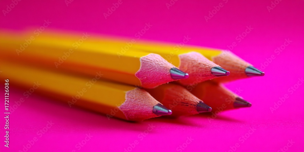 Obraz premium Four bright yellow pencils neatly arranged, showcasing their sharp tips against a vivid pink background in a creative setting