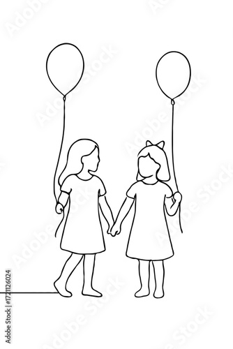 Girls with balloons. Two girls holding balloons and hands in minimalist line art style