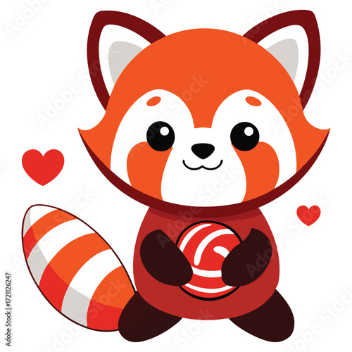 Cute cartoon red panda holding a striped ball isolated on white background