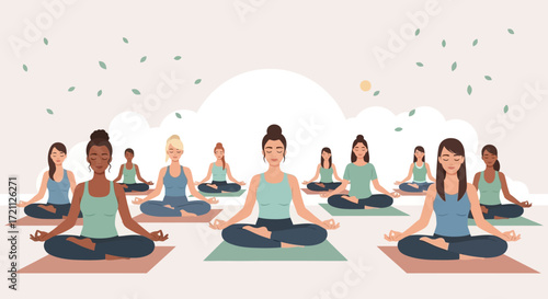 Diverse Group of Women Meditating Embracing Wellness Through Yoga in a Peaceful Setting