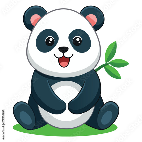 Cute cartoon baby panda sitting and holding a bamboo branch isolated on white background