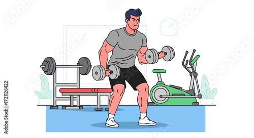 Man's Intense Dumbbell Workout Building Strength and Fitness at the Gym