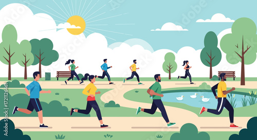 People Running in a Park on a Sunny Day Promoting Fitness and Well-being