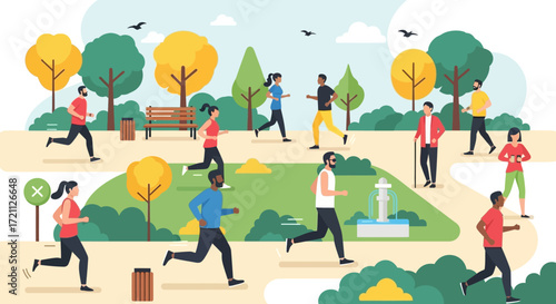Vibrant urban park scene with diverse individuals engaging in various fitness activities, fostering a healthy outdoor lifestyle and promoting community well-being and active recreation