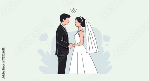 A loving bride and groom hold hands during their wedding ceremony, a romantic vector illustration of marriage and commitment