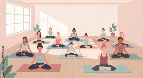 Group meditation session in a serene yoga studio, promoting mindfulness and well-being through peaceful practice