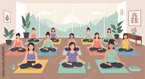 Serene group of diverse women practicing guided meditation and yoga together in a sunlit modern studio