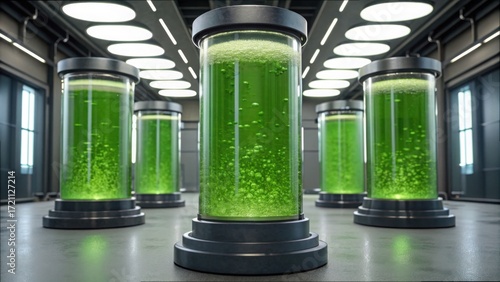 Large Transparent Vessels with Bubbling Algae Fuel in Modern Laboratory