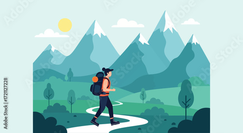 Hiking adventure through scenic mountains and lush green landscapes with a backpacker on a winding path, enjoying the great outdoors and exploring nature's beauty under a sunny sky