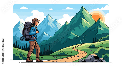 Illustration of a backpacker hiking across a mountain path with scenic views