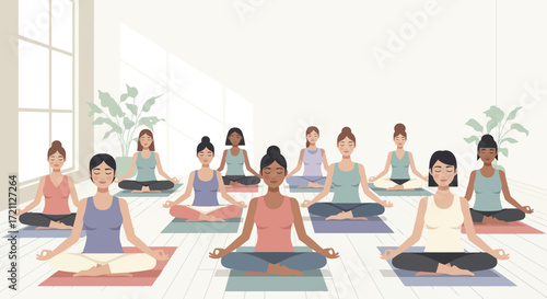 Serene illustration of a diverse group of women practicing mindfulness and meditation in a yoga class