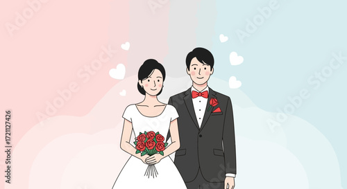 Elegant Wedding Day Groom and Bride Portrait with Hearts and Red Roses concept