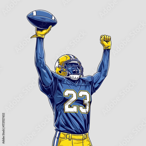 Victorious American football player celebrating a touchdown with a raised ball and fist