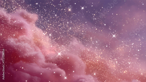A dreamy cosmic scene featuring pink and purple clouds with sparkling stars and a starry sky