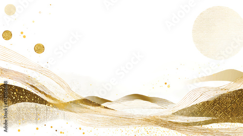 Abstract golden waves with circles and patterns on a white background