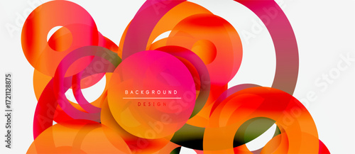 Abstract vibrant circles overlap, creating dynamic colorful composition. Gradient shades blend smoothly, forming modern design element.
