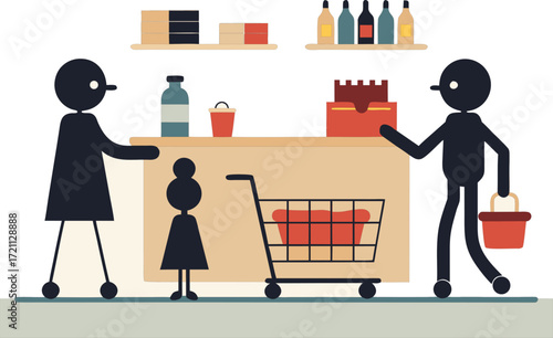 Family shopping together at a grocery store with a shopping cart