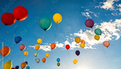 Colorful balloons floating in a vibrant blue sky