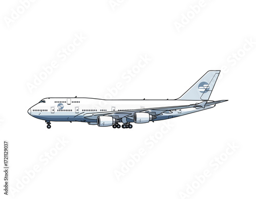 A detailed vector illustration of a large four-engine wide-body jumbo jet airplane, shown in a side profile view isolated on a clean white background