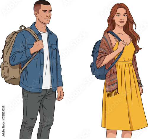 Cartoon Fashion Icons Featuring Man and Woman with Backpacks, Denim Jacket and Yellow Dress, Casual Style Mood, and Everyday Theme