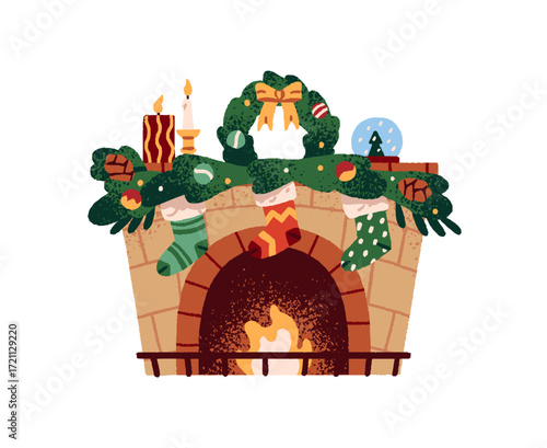 Fireplace decorated with Christmas socks, pine branches and wreath. Fireside with fire, flame and Xmas decor. Cozy New Year interior decoration. Flat isolated vector illustration on white background