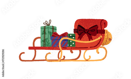 Christmas sledge with heap of Xmas gifts. Snow sleds with pile of festive presents. Sleigh of Santa Claus with wrapped boxed for winter holidays. Flat isolated vector illustration on white background