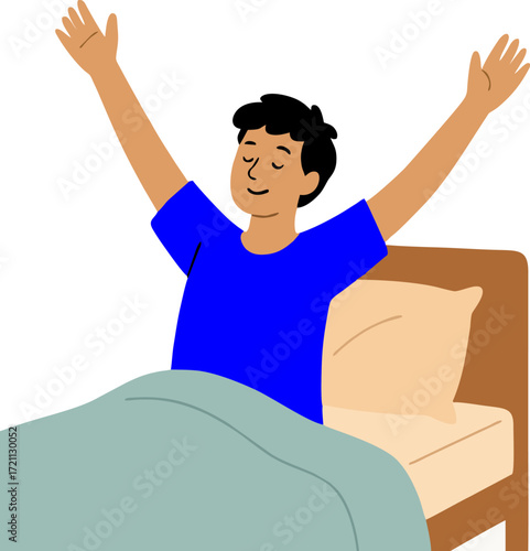 Young Man Waking Up at Morning in Good Mood. Awaken Happy Male Character Stretching Body Sitting on his Bed after Getting Up in Bedroom. Human Everyday Routine, Lifestyle. Cartoon Vector Illustration