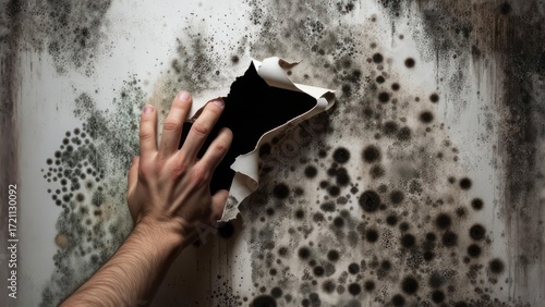 A hand tearing a hole through a moldy wall