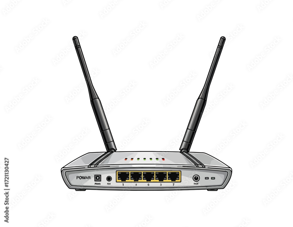 Fototapeta premium Modern wireless router with external antennas, indicator lights, and multiple ethernet ports, isolated on a white background, presented as a vector illustration