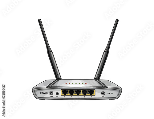 Modern wireless router with external antennas, indicator lights, and multiple ethernet ports, isolated on a white background, presented as a vector illustration