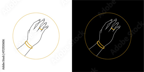 Minimalist illustrations featuring a hand adorned with jewelry inside circles.
