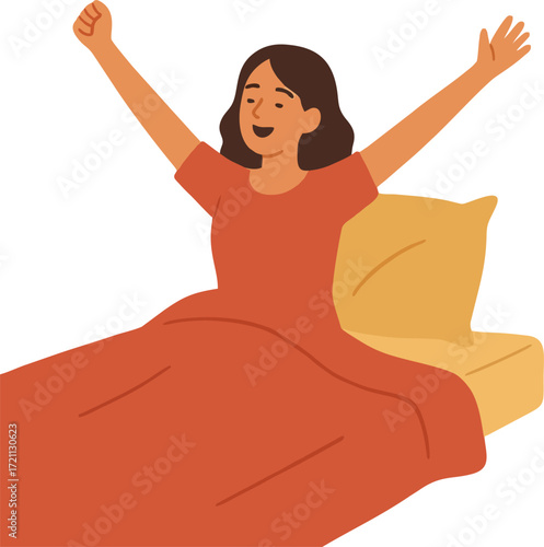  woman Waking Up at Morning in Good Mood. Awaken Happy female Character Stretching Body Sitting on his Bed after Getting Up in Bedroom. Human Everyday Routine, Lifestyle. Cartoon Vector Illustration