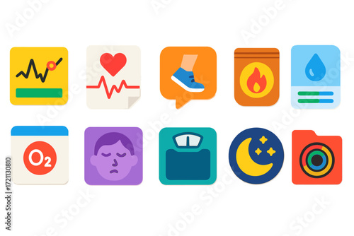 Health and fitness flat icon set. wellness, exercise, diet, medical icons collection