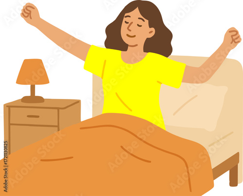  woman Waking Up at Morning in Good Mood. Awaken Happy female Character Stretching Body Sitting on his Bed after Getting Up in Bedroom. Human Everyday Routine, Lifestyle. Cartoon Vector Illustration
