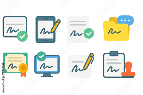 E-signature and document management flat icon set for digital contracts