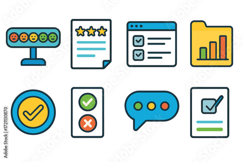 Feedback and survey flat icon set. customer experience, review, and poll icons collection