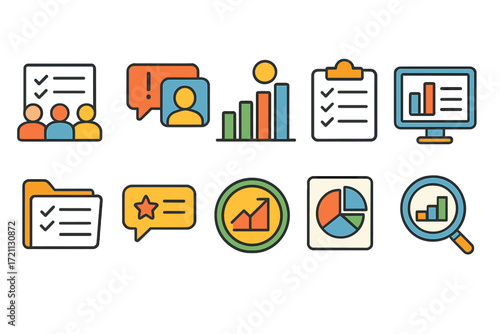 Business and analytics flat icon set for data visualization and productivity tools
