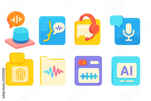 Voice recognition, ai flat icon set. voice, ai interface, technology icons collection.