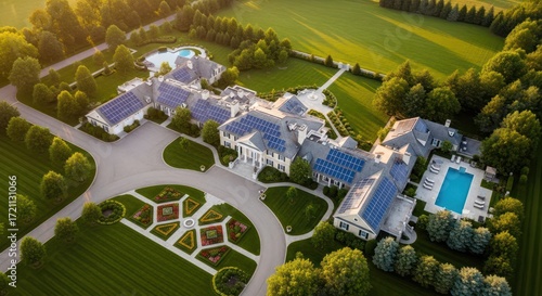Aerial view of solar panels on mansion roof in a manicured estate