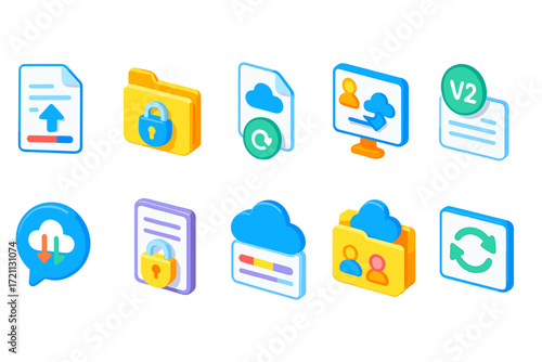 Cloud computing 3d icon set. digital file storage and data transfer symbols