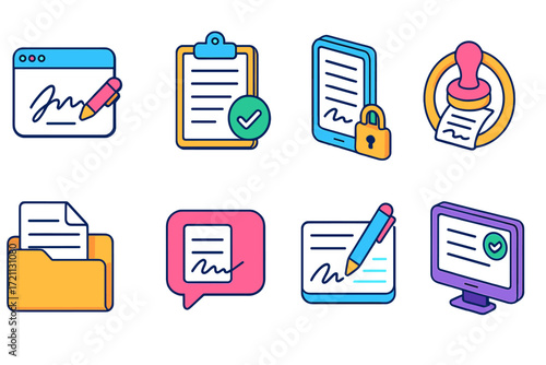 Document and signature icon set. digital approval icons filled style collection