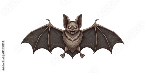 Detailed illustration of a spooky gothic vampire bat with red eyes and wings spread wide, isolated on a white background. Vector graphic element for Halloween or horror-themed designs