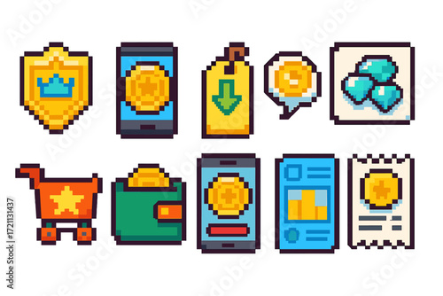 Pixel art icon set: gaming, rewards, achievement, badges, shopping, finance, retro