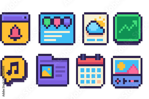 Pixel art icon set. digital media, entertainment flat icons collection.