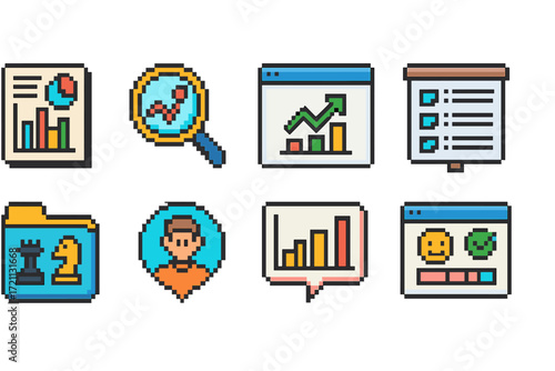 Finance, business pixel icon set. analytics, data visualization pixel art collection