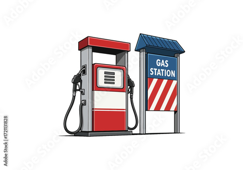 Retro Gas Station Illustration with Pump and Sign - Transportation & Service Design