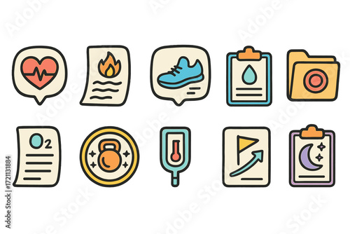 Fitness and health icons flat set. wellness, exercise, health tracking icons collection