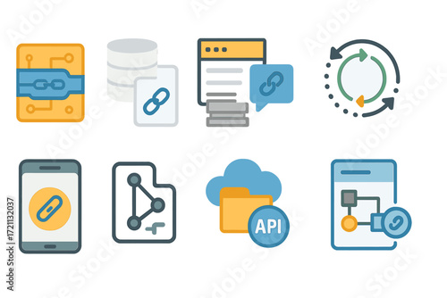Blockchain link flat icon set. database, network connectivity icons collection
