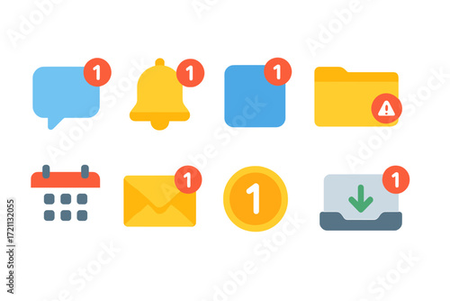 Notification, alert flat icon set: messaging, email, folder, reminder icons collection