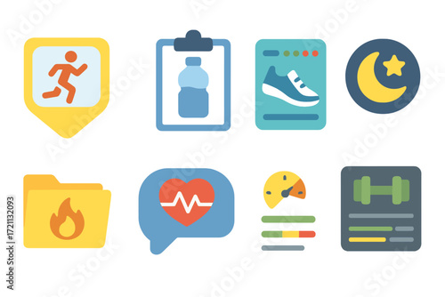 Fitness and health flat icon set. sport, gym, nutrition icons flat collection